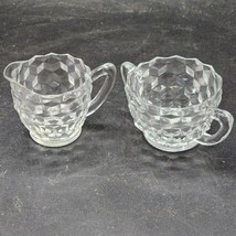 Jeanette Glass Creamer And Open Sugar Set Cubist Pattern - Clear Glass - Vintage - £14.34 GBP