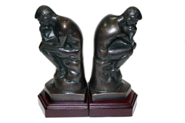 Bey Berk Cast Metal Thinker Bookends With Bronzed Finish On Wood Base - $112.95