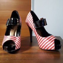 Ellie Pumps Size 6 Peep Toe High Stiletto Red White Stripe Black Patent Leather - £35.24 GBP