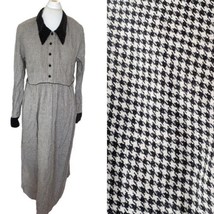 Flannel Houndstooth Large Maxi Dress Longsleeve Collared Black VTG 90s Warm - $48.23