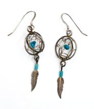 Vintage Southwestern Sterling Silver Turquoise Dream Catcher Feather Earrings - £17.46 GBP