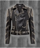  Black Sliver Studs Lapel Collar &amp; Ballet Women Classical Leather Jacket  - £290.27 GBP