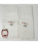 Vintage Hand-Embroidered Tea Towels White Pink Flowers Set of 2 - $276.79 MXN