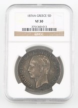 1876-A Greece 5 Drachmai Silver Coin VF-30 NGC Arms Within Crowned Mantle KM-46 - £244.40 GBP