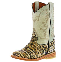 Kids Unisex Western Boots Alligator Pattern Leather Natural Square Toe Botas - £43.90 GBP