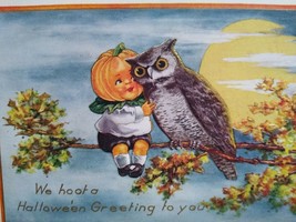 Fantasy Halloween Postcard Whitney Big Head Goblin Boy Owl Moon Antique Unused - £57.10 GBP