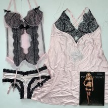 Victoria&#39;s Secret unlined 34B,36B garter CORSET+panty+SLIP ice PINK Blac... - $199.99