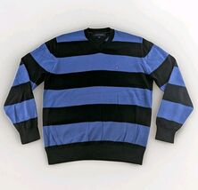 Tommy Hilfiger Sweater M Blue Black Stripe V Neck 100% Cotton Logo Chest - $27.99