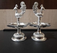 Indian Traditional Silver Plated Peacock Design Oil Lamp Set Of 2 - £27.39 GBP