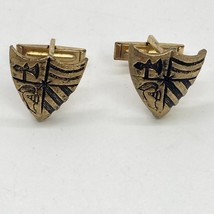 Vintage Renaissance Cufflinks Gold Tone .75&quot; Shield Design Embossed Axe Knight - £9.67 GBP