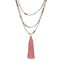 Beautifully Chic Pink Tassel &amp; Colorful Beads w/ Brass Triple Layer Necklace - £16.43 GBP
