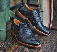 Handmade Bespoke Leather Oxfords Wingtip - Men&#39;s Black Brogue Leather Dr... - £111.90 GBP
