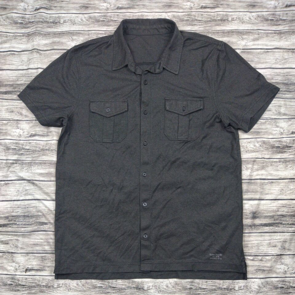 calvin klein Button Up Shirt Sleeve Shirt Size Large Dark Gray - $13.98
