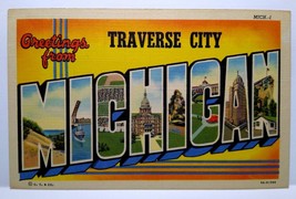 Greetings From Traverse City Michigan Large Big Letter Postcard Linen Curt Teich - £11.59 GBP