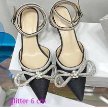 crystal-encrusted double bow smooth silk satin pumps ankle straps pointed toe bu - £95.34 GBP