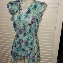 Semi sheer floral button front top with ruffle detail - $7.84