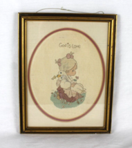 God is Love Vintage Embroidered Picture Girl Holding Duck Framed Precious Moment - £18.42 GBP