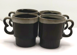 Brown Drip Glaze Japan Stackable 2 Finger Mugs Set of 4 Retro 70&#39;s Vintage - £24.05 GBP