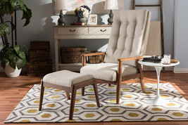 Sebastian Walnut Wood/Light Beige Fabric High-Back Lounge Chair and Otto... - $9,716.44 MXN