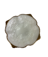 Milk Glass Dish Short Pedestal Gold Trim Grapes Leaf Pattern - $12.38