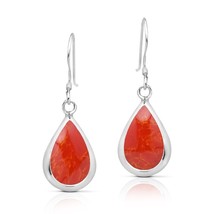 Elegant Teardrops of Red Coral Inlay Sterling Silver Dangle Earrings - £12.20 GBP