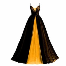 Gothic Ball Gown Wedding Prom Dress V Neck Spaghetti Straps Black Tulle Gold 12 - £95.41 GBP