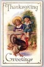 Blue Boy on Wall Turkey Thanksgiving Greetings Embossed UNP DB Postcard B14 - £5.41 GBP