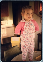 1960s 35mm Slide Curly Blonde Girl Pink Sweater Standing on Table Transparency - £2.32 GBP