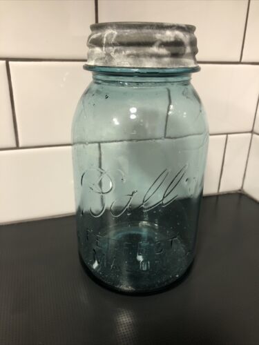 Vintage Blue Ball Perfect Mason Jar #8 Quart Jar w/Zinc Lid 1923-1933 Bubbles - £16.51 GBP