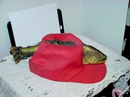 Vintage Trout Fishing Farm Trucker Hat Cap Red Puffy Trout Fish &amp; Tail Sz L - £15.56 GBP