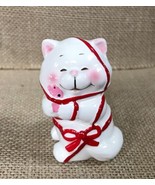 Vintage Sweet White Kitty Hugging Teddy And Wrapped In Red Bow Cat Figurine - £7.77 GBP