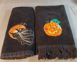 Vintage Halloween Dish Towel Flying Witch Moon Pumpkin Applique Embroidered - $17.63
