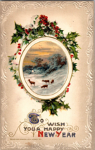 Vtg John Winsch Postcard New Years Greetings, Deer Family snow Scene, c1911 - £5.05 GBP
