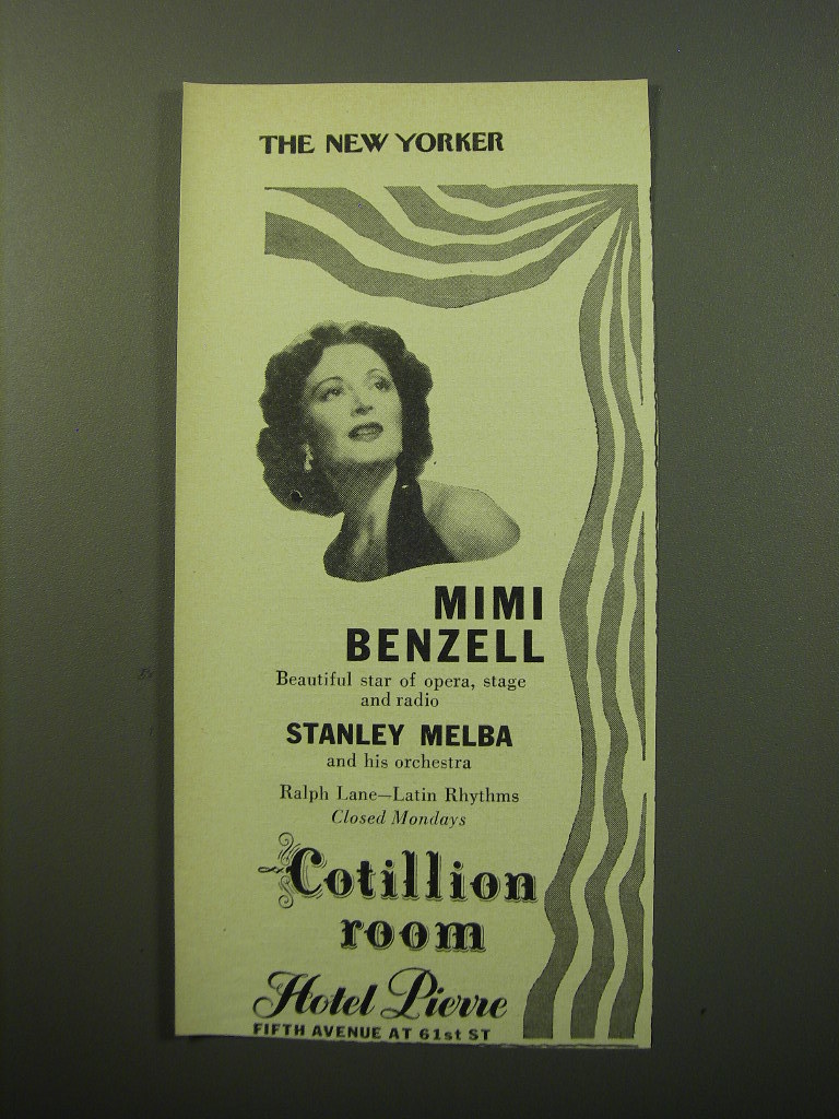 1950 Hotel Pierre Ad - Mimi Benzell Beautiful star of opera, stage and radio - $18.49