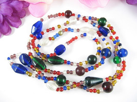 Vintage Glass Beaded Necklace Cobalt Blue Green Clear Red Purple Yelow Beads 42&quot; - £22.85 GBP