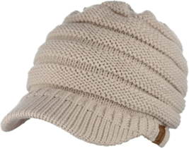 C.C Brand Brim Visor Trim Ponytail Beanie Ski Hat Knitted Messy Bun Cap - Beige - £11.34 GBP