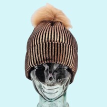 Adrienne Landau Hat Beanie Brown Faux Fur Pom Pom Metallic Cottagecore W... - £46.11 GBP