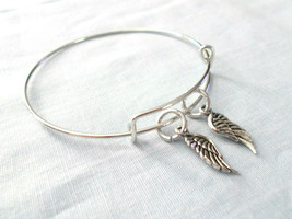 New Double Feather Angel Wing Charms On Silver Adjustable Bangle Bracelet - £4.71 GBP