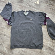 Champion Fleece Vintage XL Gray Purple Colorblock V Neck Thick Sweatshirt - £35.44 GBP