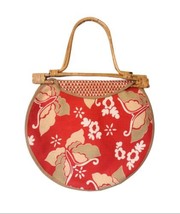 Large Round Canvas Tropical Handbag Tote Bamboo Handles Red Beach Lightweight  - £7.95 GBP
