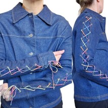 90s Y2K Thin Stretch Denim Jacket Rainbow Laceup Sleeves L/XL Retro Style - $72.39