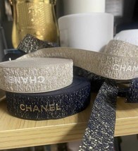 Chanel LE Holiday Gold Ribbon with White Logo Sell By the Yard 100% Authentic - $5.45