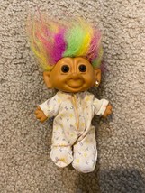 Vintage Bright of America 4&quot; Troll Doll Rainbow MultiColored Hair Sleeper Romper - £7.55 GBP