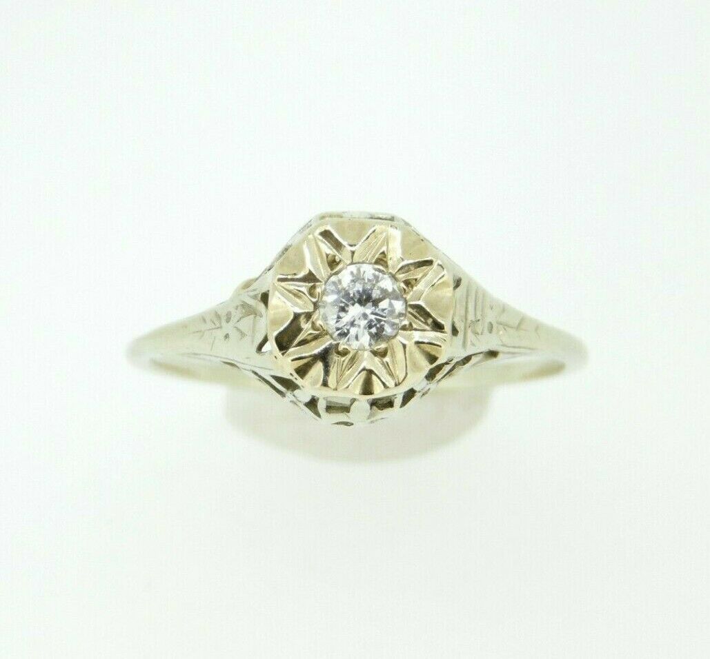 Primary image for Art Deco 14k White Gold Genuine Natural Diamond Filigree Ring .13ct (#J809)