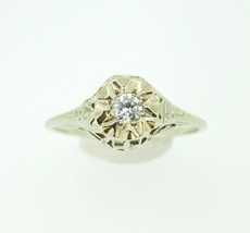 Art Deco 14k White Gold Genuine Natural Diamond Filigree Ring .13ct (#J809) - $391.05