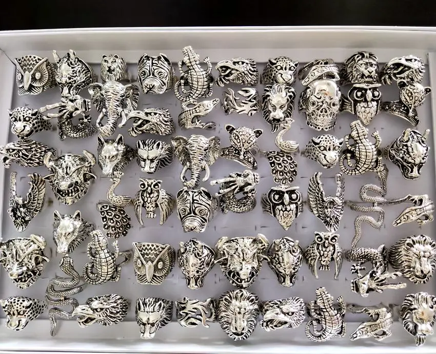 Bulk lots 50pcs Animal Mix Ring Men&#39;s Punk Rocker Skull Ring Snake Lion Leopard  - £47.11 GBP