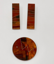 Sterling Silver 925 Modernist Amber Inlay Clip On Earrings &amp; Brooch Pin - £135.48 GBP