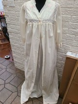 Vtg 60s cream 2 Pc Cotton  Long embroidered Nightgown &amp; Robe Set S  - £17.89 GBP