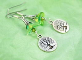 Forest Bellflower and Green Leaves Spiral Tree of Life earrings - £13.58 GBP