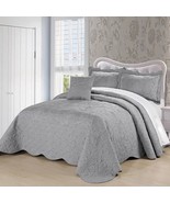 King size Ash Grey Damask Embroidered 4 Piece Oversized Bedspread Set - $4,339.35 MXN